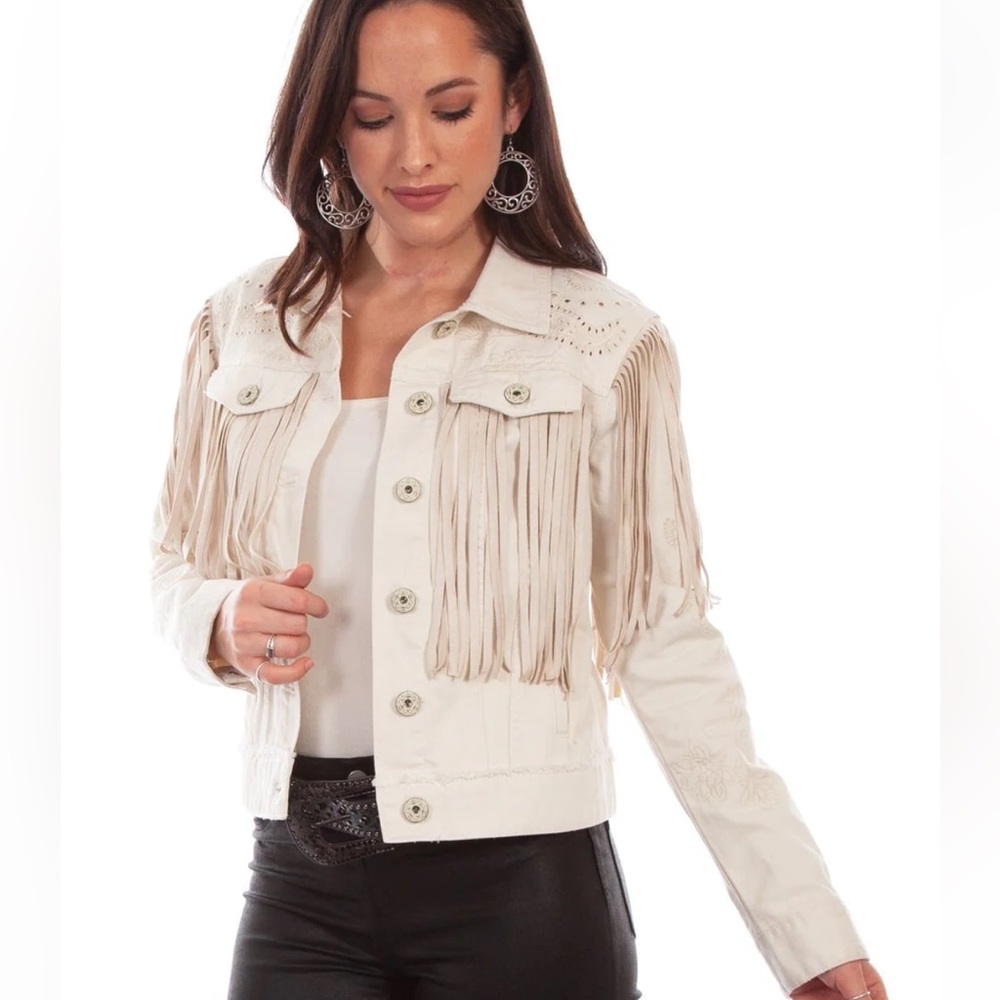 Scully Womens Off White Fringe Embroidered Denim Jacket